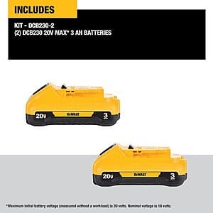 Two black DEWALT 20V MAX Lithium-Ion Compact batteries with 3.0 AH capacity, standing upright with DEWALT branding visible.