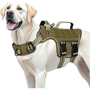 Khaki tactical dog harness with MOLLE webbing system and reflective strips, large size.