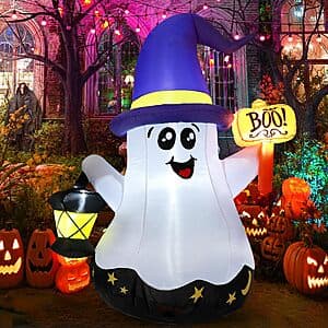 5-foot tall GOOSH Wizard Ghost inflatable yard decoration in black and white with built-in LED lighting for Halloween displays.