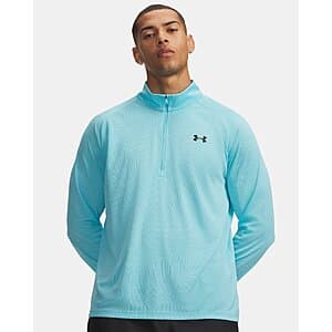 Under Armour Men's UA Tech Textured Half-Zip Pullover in Fresco Blue with black accents, available in sizes S-3XL.