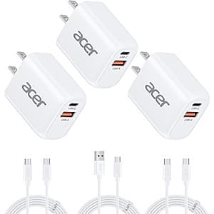 Prime: 3-Pk Acer 20W Dual Port USB-A/USB-C Charger w/ 3-Pack 6.6' USB-C Cables $12.90 & More + Free Shipping