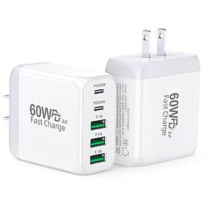2-Pk 60W Max 5-Port CSODINCE USB-C Wall Charger Block w/ PD & QC 3.0 $8.50