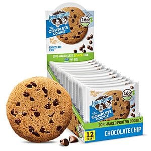 12-pack box of Lenny & Larry's The Complete Cookie in Chocolate Chip flavor, 4-ounce individual wrapped cookies with brown packaging.