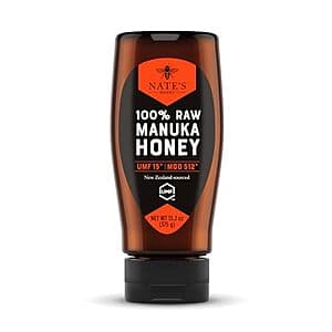 13.2-ounce bottle of Nate's Raw Manuka Honey with gold labeling indicating MGO 512+ and UMF 15+ certification.