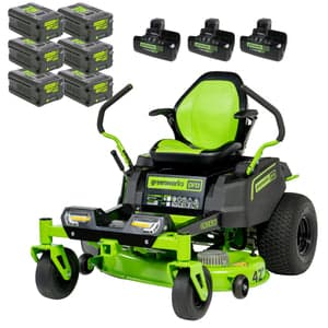 Greenworks 42-inch 80V cordless zero-turn lawn mower with black and yellow deck, shown with included batteries and dual-port turbo chargers.