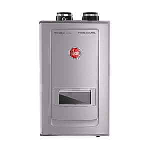 RHEEM tankless on-demand water heater unit with stainless steel construction and copper components, compact indoor installation-ready design.