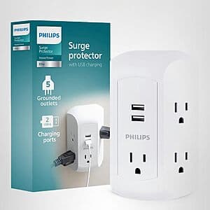 White Philips 5-outlet grounded wall tap with two USB-A ports, featuring side-access outlet design and compact plug adapter form factor.