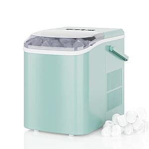 DUMOS countertop ice maker in green with handle, compact design approximately 12 inches tall, produces bullet-shaped ice cubes.