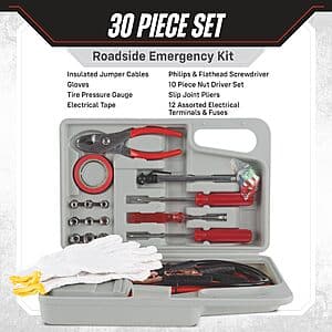 30-Pc Stalwart Roadside Emergency Car Kit w/ Jumper Cables $8