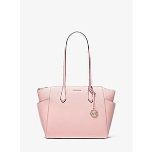 Medium tan saffiano leather tote bag with structured handles and Michael Kors branding.