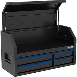 Blue 42-inch HART steel tool chest with 4 drawers, ball-bearing slides, and gas strut-assisted top lid for secure tool storage.