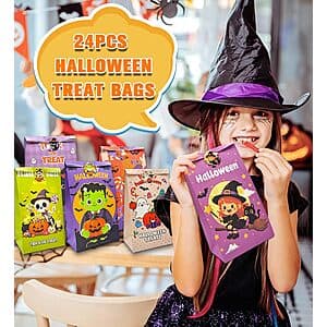24-pack of Halloween treat bags with colorful cartoon characters, suitable for holding candy and party favors.