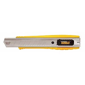 DeWALT 18mm Metal Body Snap-Off Utility Knife with narrow metal body, auto-locking blade mechanism, and 8 cutting points.
