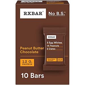Box of RXBAR 10-count peanut butter chocolate protein bars with simple ingredient packaging.