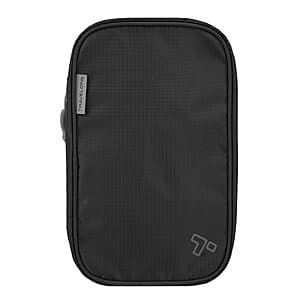 Black Travelon compact hanging toiletry kit with multiple compartments and mesh pouches, suspended from an attached swivel hook.