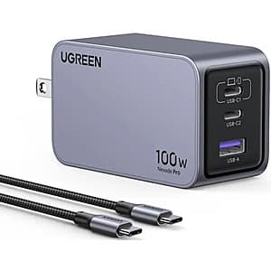 100W UGREEN Nexode Pro 100W GaN 3-Port USB-C Wall Charger w/ 100W USB-C Cable $20 + Free S&H
