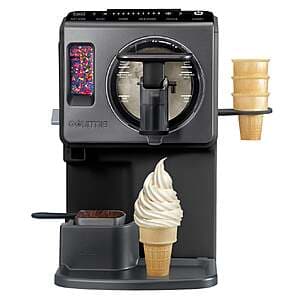 Gourmi ice cream maker with built-in cooling system, featuring one-touch preset buttons for soft serve, slush, and sorbet.