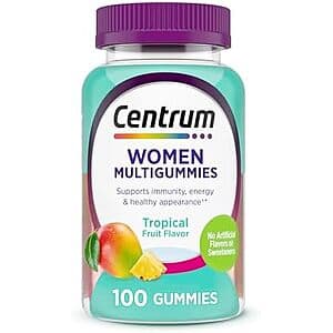 Bottle of Centrum multivitamin gummies in fruit flavors, 100-count package.