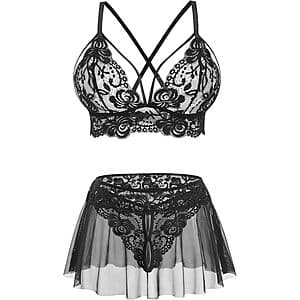 ADOME Women's Sheer Lace Lingerie Bralette w/ Skirt (Various Colors) $5