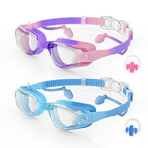Two pairs of Aegend kids' swim goggles with anti-fog lenses in Pink Purple & Clear Blue and Purple Gold & Clear Blue, including ear plugs and nose clips.