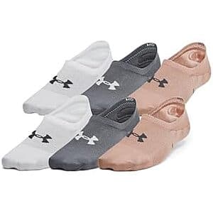 Six pairs of Under Armour Women's Breathe Lite Liner Socks in black and castlerock colorway, folded and displayed together.