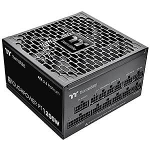 Thermaltake Toughpower PT 1200W power supply in black with fully modular cable design and 80+ Platinum efficiency rating.