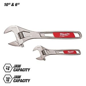 Two adjustable wrenches in a set—one 6-inch and one 10-inch—with Milwaukee branding and adjustable jaw mechanisms.