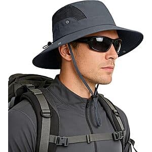Water-resistant nylon sun hat with UPF 50+ protection and adjustable drawstring closure, fits head sizes 21.5" to 23".