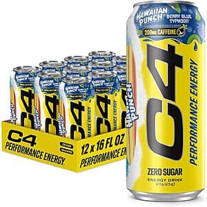12-pack of C4 Performance Energy Drink 16-ounce cans in Hawaiian Punch Berry Blue Typhoon flavor with blue and pink branding.