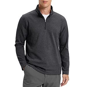 Men's fleece-lined quarter-zip pullover with mock-neck design in a neutral color, featuring brushed fleece interior visible at cuffs and interior.