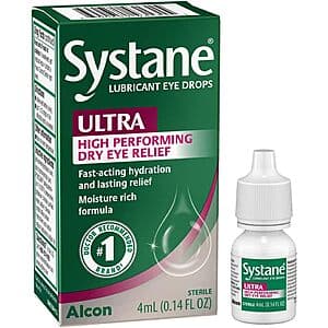 Systane Lubricant Eye Drops Ultra High Performing bottle, 0.14 fl oz, eye relief medication.