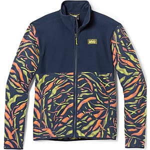 Navy blue men's fleece jacket with long sleeves, displayed as a flat lay or on-model showing the Cascade Leaf Midnight Navy coloring and REI Co-op branding.