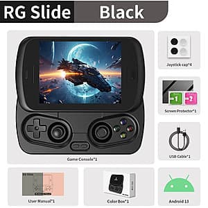 Black Anbernic RG Slide handheld gaming device with 4.7-inch sliding touchscreen and 4:3 aspect ratio display.