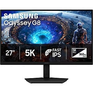 Samsung Odyssey G8 G80HF 27-inch curved gaming monitor with IPS panel, black bezel design, mounted on stand against neutral background.