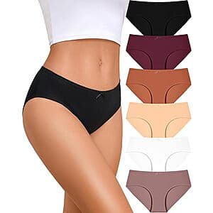 Six assorted-color women's cotton hipster panties in packaging.