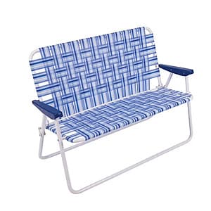 Blue steel flat-fold camping chair with solid color fabric, compact folded design, single seat with backrest support.