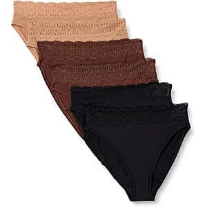 Six black and white peached microfiber panties with lace trim in high-waisted, high-leg style from Amazon Essentials.