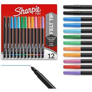 12-pack of Sharpie fine point felt tip pens in assorted colors with 0.4mm tip size.