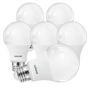 Six Linkind A19 dimmable LED light bulbs with warm white light, 60W equivalent brightness, in standard screw-in format.