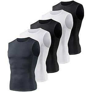 5-pack of BOOJO men's compression sleeveless tank tops in black, white, and dark grey.