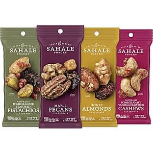 12-pack of Sahale Snacks 1.5-ounce pouches featuring glazed dry-roasted mixed nuts in assorted flavors.