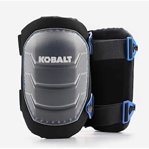 Kobalt hard shell knee pads with black non-marring cap, high-density foam padding, and dual elastic straps with hook-and-loop closure.