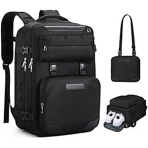 Black Maelstrom 17.3-inch carry-on travel backpack with side shoe compartment and multiple pockets.
