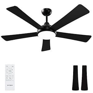 52-inch brushed nickel ceiling fan with integrated dimmable LED light fixture and remote control included.