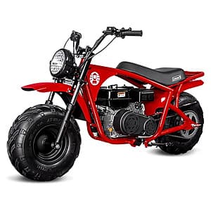 Coleman Powersports B200R mini bike with 196cc gas engine in red, featuring automatic transmission and front shock absorbers.