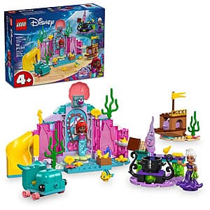 141-piece LEGO set depicting Ariel's underwater crystal cavern with minifigures and ocean-themed building elements.