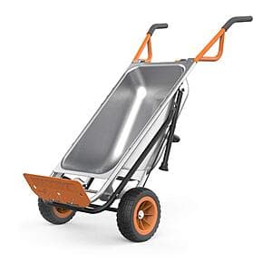Worx 8-in-1 Aerocart multi-function garden cart and wheelbarrow with all-metal frame construction in red and black, featuring large wheels and reinforced base for hauling heavy loads.