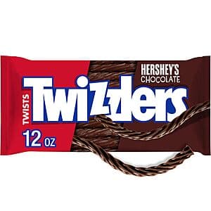 Box of 12-ounce TWIZZLERS Chocolate Twists with brown and red packaging showing the product name and chocolate candy twists.