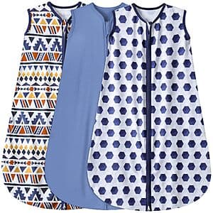 Three BSTOPPT baby sleep sacks in rayon cotton with 2-way zippers, featuring soccer, triangles, and blue patterns.