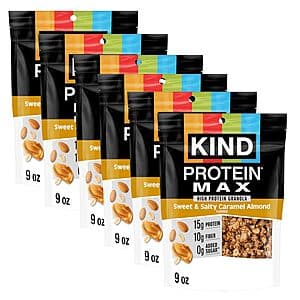Six 9-ounce boxes of KIND Protein MAX Granola in Sweet & Salty Caramel Almond flavor with beige and brown packaging.